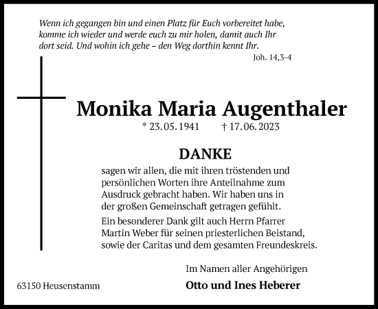 Todesanzeige von Monika Maria Augenthaler von OF