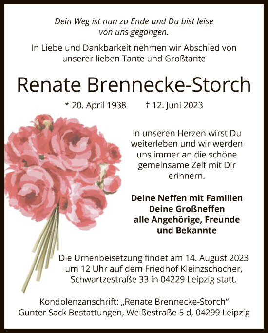 Todesanzeige von Renate Brennecke-Storch von OF