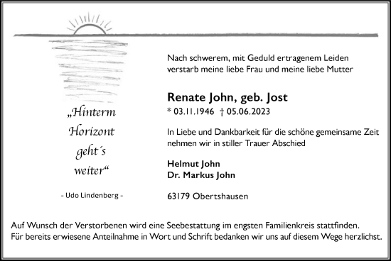 Todesanzeige von Renate John von OF