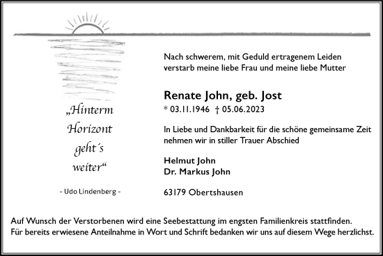 Todesanzeige von Renate John von OF