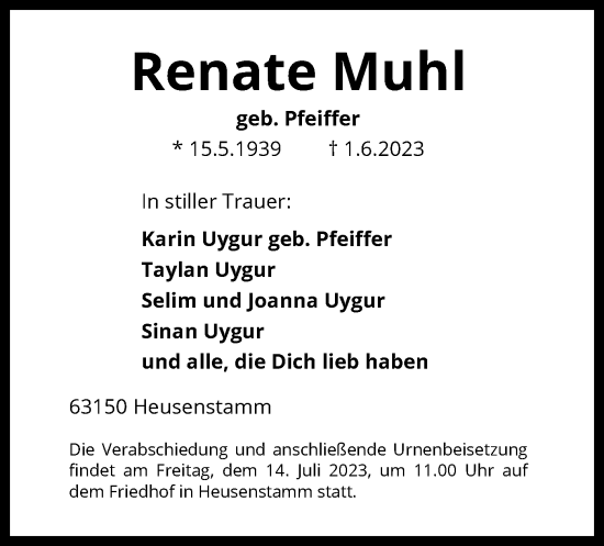 Todesanzeige von Renate Muhl von OF