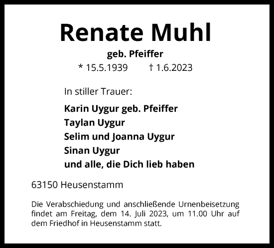 Todesanzeige von Renate Muhl von OF