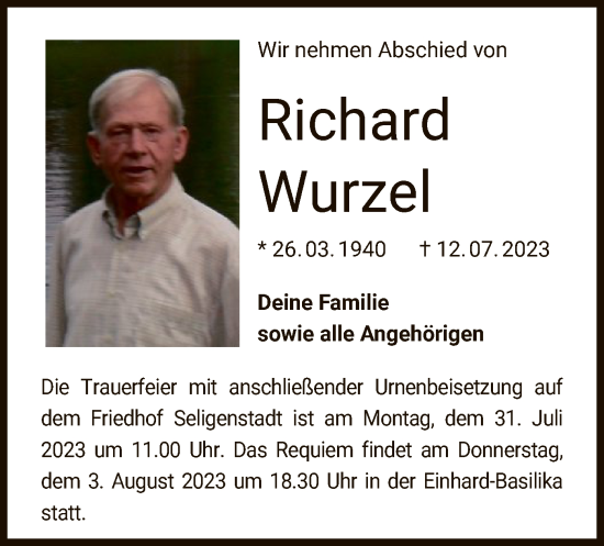 Todesanzeige von Richard Wurzel von OF