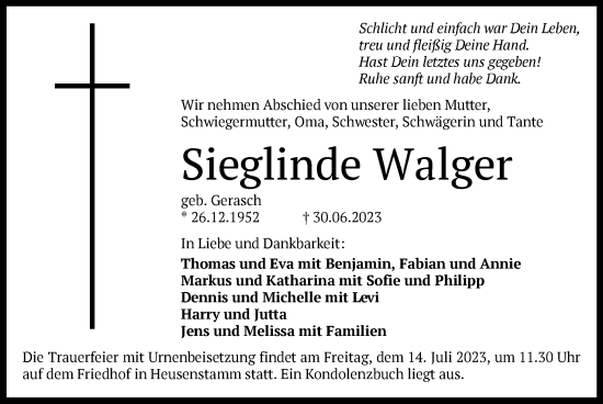Todesanzeige von Sieglinde Walger von OF
