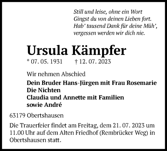 Todesanzeige von Ursula Kämpfer von OF