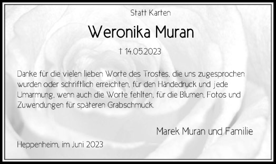 Todesanzeige von Weronika Muran von OF
