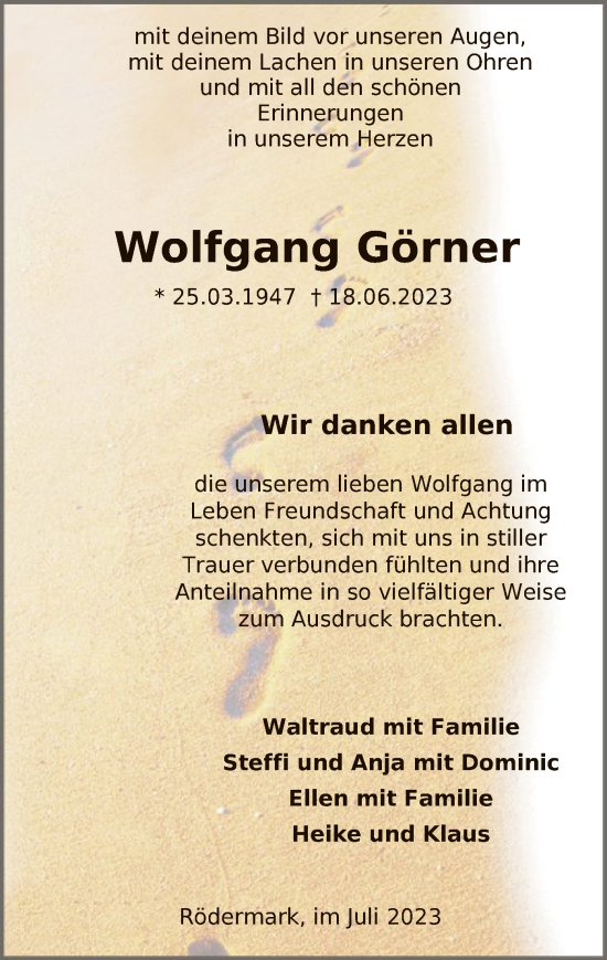 Todesanzeige von Wolfgang Görner von OF