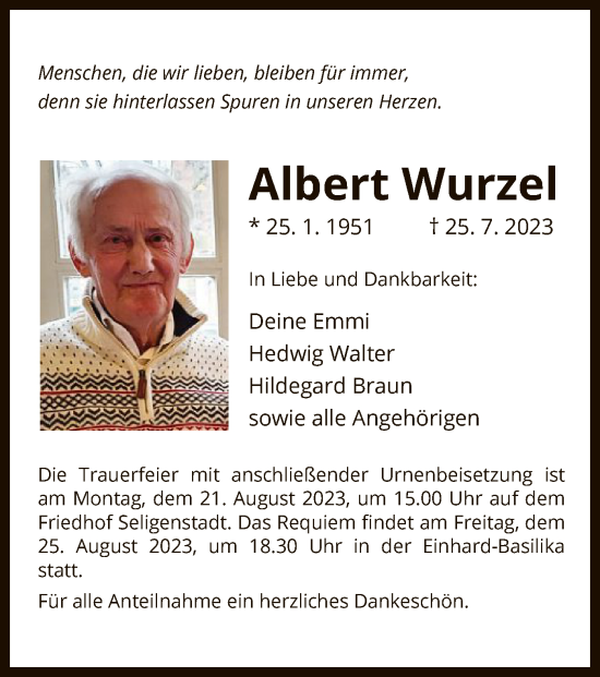 Todesanzeige von Albert Wurzel von OF