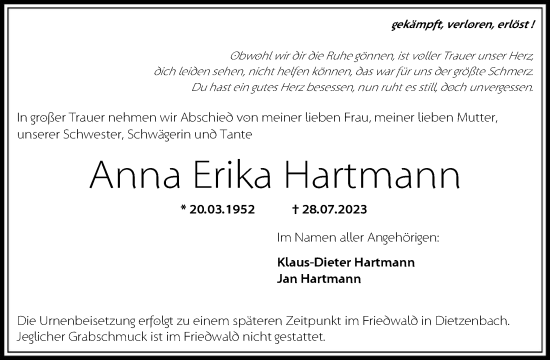 Todesanzeige von Anna Erika Hartmann von OF