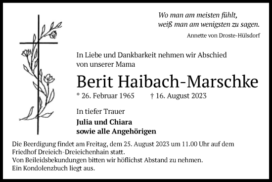 Todesanzeige von Berit Haibach-Marschke von OF