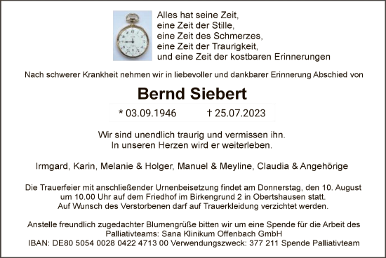 Todesanzeige von Bernd Siebert von OF