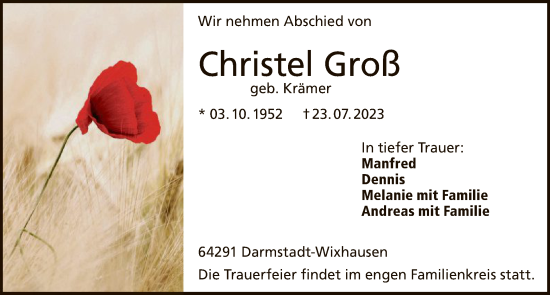 Todesanzeige von Christel Groß von OF
