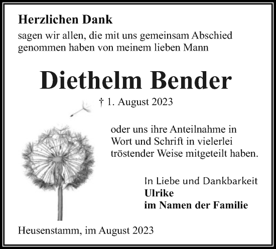 Todesanzeige von Diethelm Bender von OF