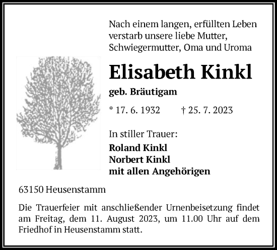 Todesanzeige von Elisabeth Kinkl von OF