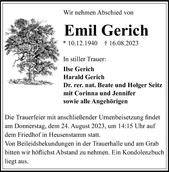 Todesanzeige von Emil Gerich von OF