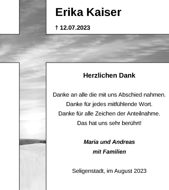 Todesanzeige von Erika Kaiser von OF