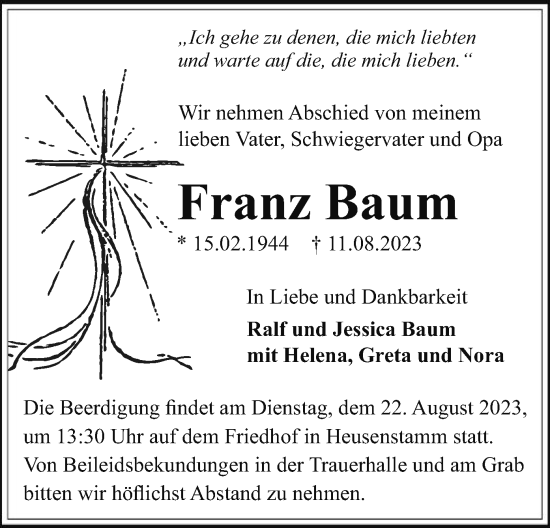 Todesanzeige von Franz Baum von OF