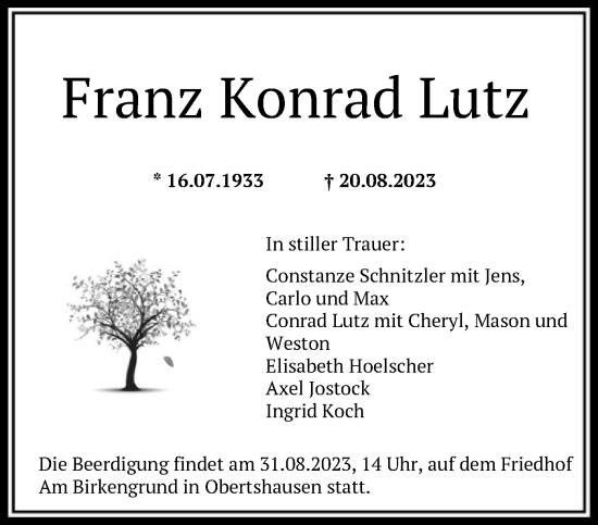Todesanzeige von Franz Konrad Lutz von OF