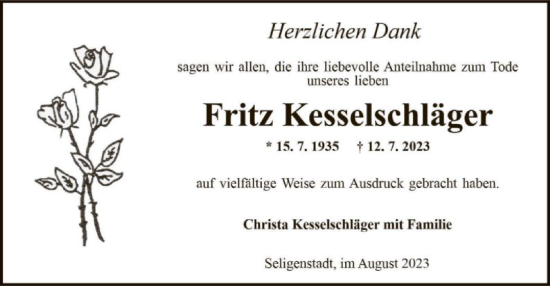 Todesanzeige von Fritz Kesselschläger von OF