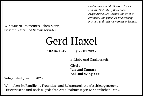Todesanzeige von Gerd Haxel von OF
