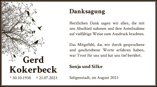 Todesanzeige von Gerd Kokerbeck von OF
