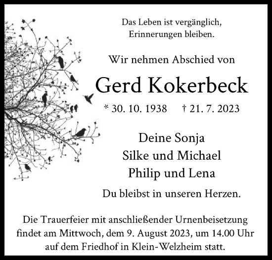 Todesanzeige von Gerd Kokerbeck von OF