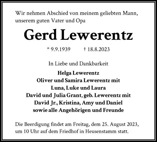 Todesanzeige von Gerd Lewerentz von OF