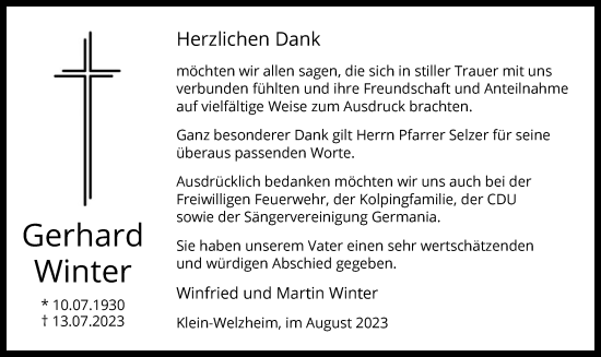 Todesanzeige von Gerhard Winter von OF