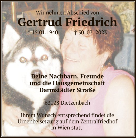 Todesanzeige von Gertrud Friedrich von OF