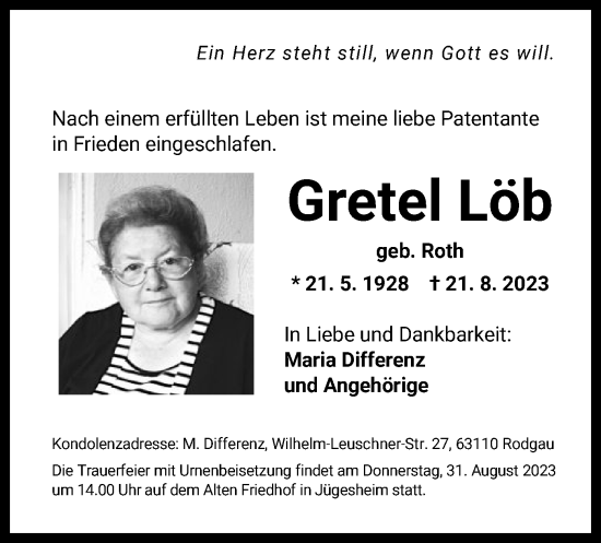 Todesanzeige von Gretel Löb von OF