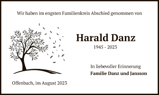 Todesanzeige von Harald Danz von OF