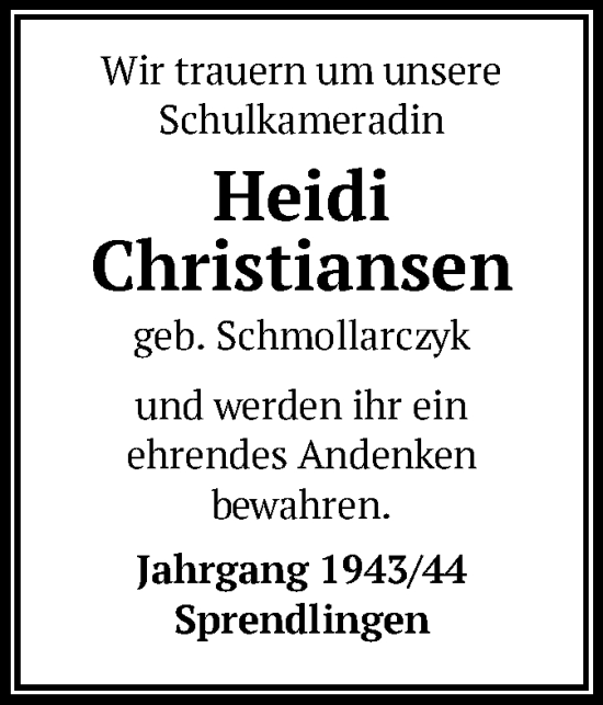 Todesanzeige von Heidi Christiansen von OF