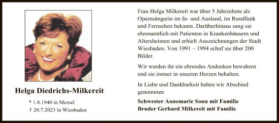 Todesanzeige von Helga Diedrichs-Milkereit von OF