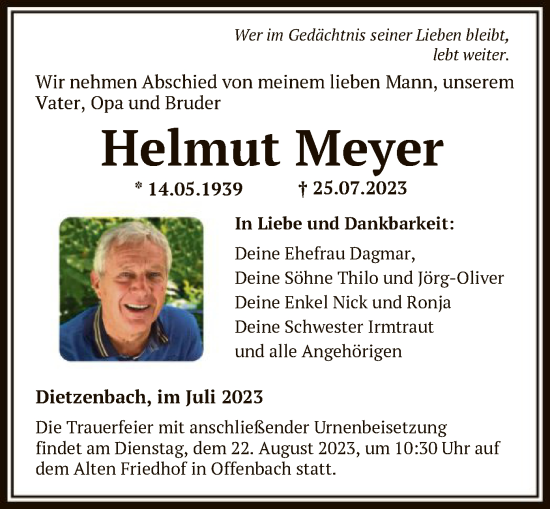 Todesanzeige von Helmut Meyer von OF