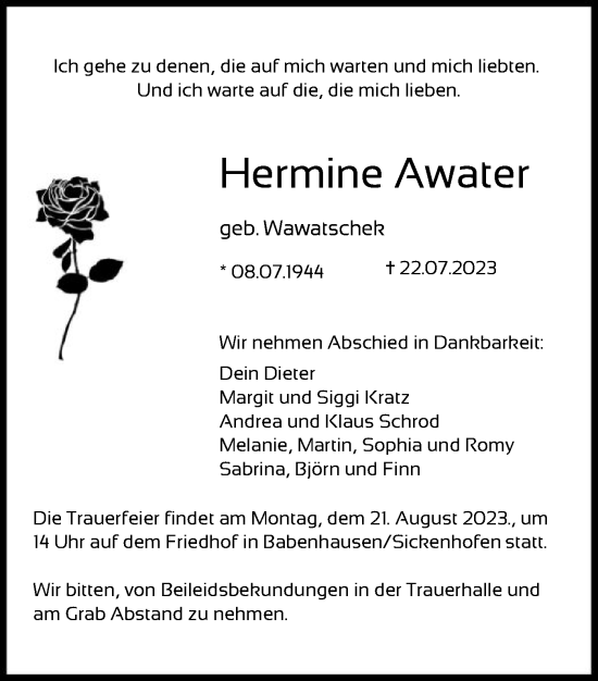 Todesanzeige von Hermine Awater von OF