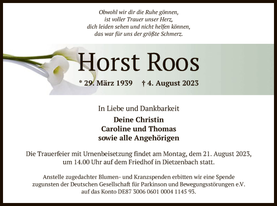 Todesanzeige von Horst Roos von OF