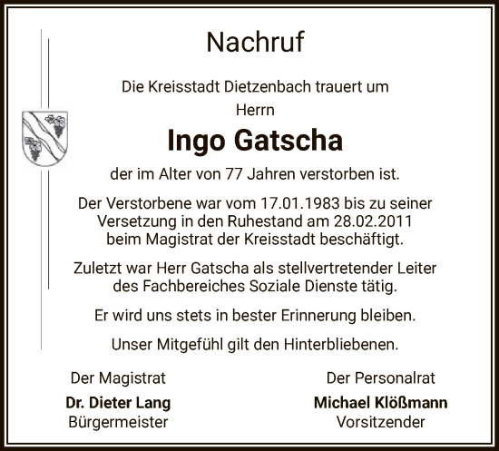 Todesanzeige von Ingo Gatscha von OF