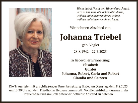 Todesanzeige von Johanna Triebel von OF