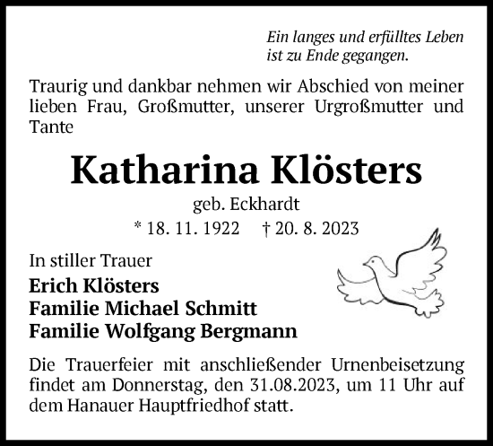 Todesanzeige von Katharina Klösters von OF