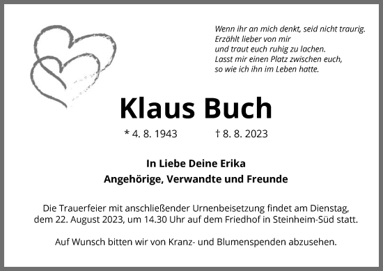 Todesanzeige von Klaus Buch von OF