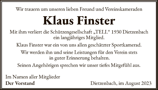 Todesanzeige von Klaus Finster von OF