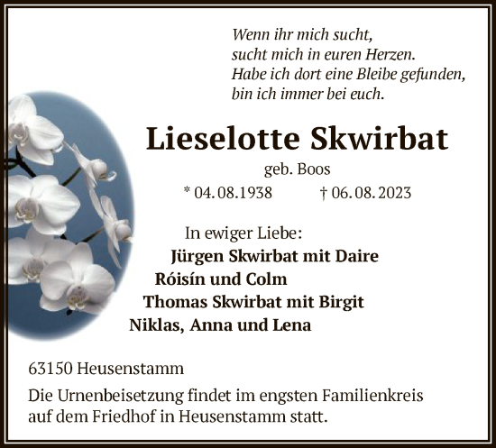 Todesanzeige von Lieselotte Skwirbat von OF