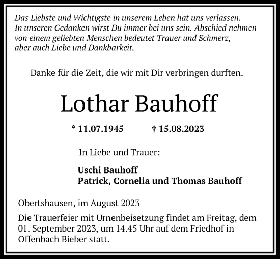 Todesanzeige von Lothar Bauhoff von OF