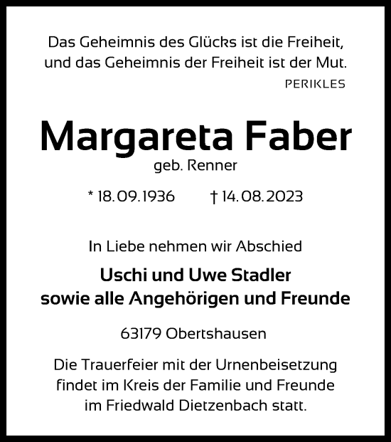 Todesanzeige von Margareta Faber von OF