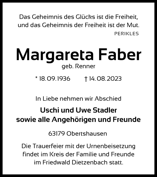 Todesanzeige von Margareta Faber von OF
