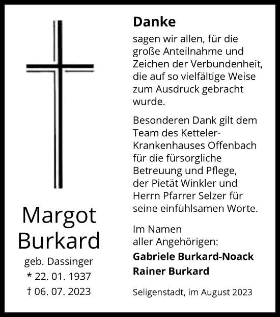 Todesanzeige von Margot Burkard von OF