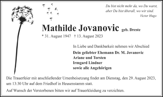 Todesanzeige von Mathilde Jovanovic von OF