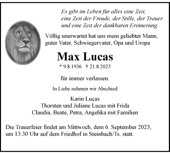 Todesanzeige von Max Lucas von OF