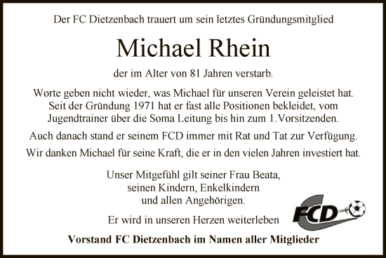 Todesanzeige von Michael Rhein von OF