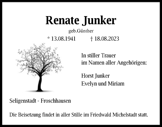 Todesanzeige von Renate Junker von OF